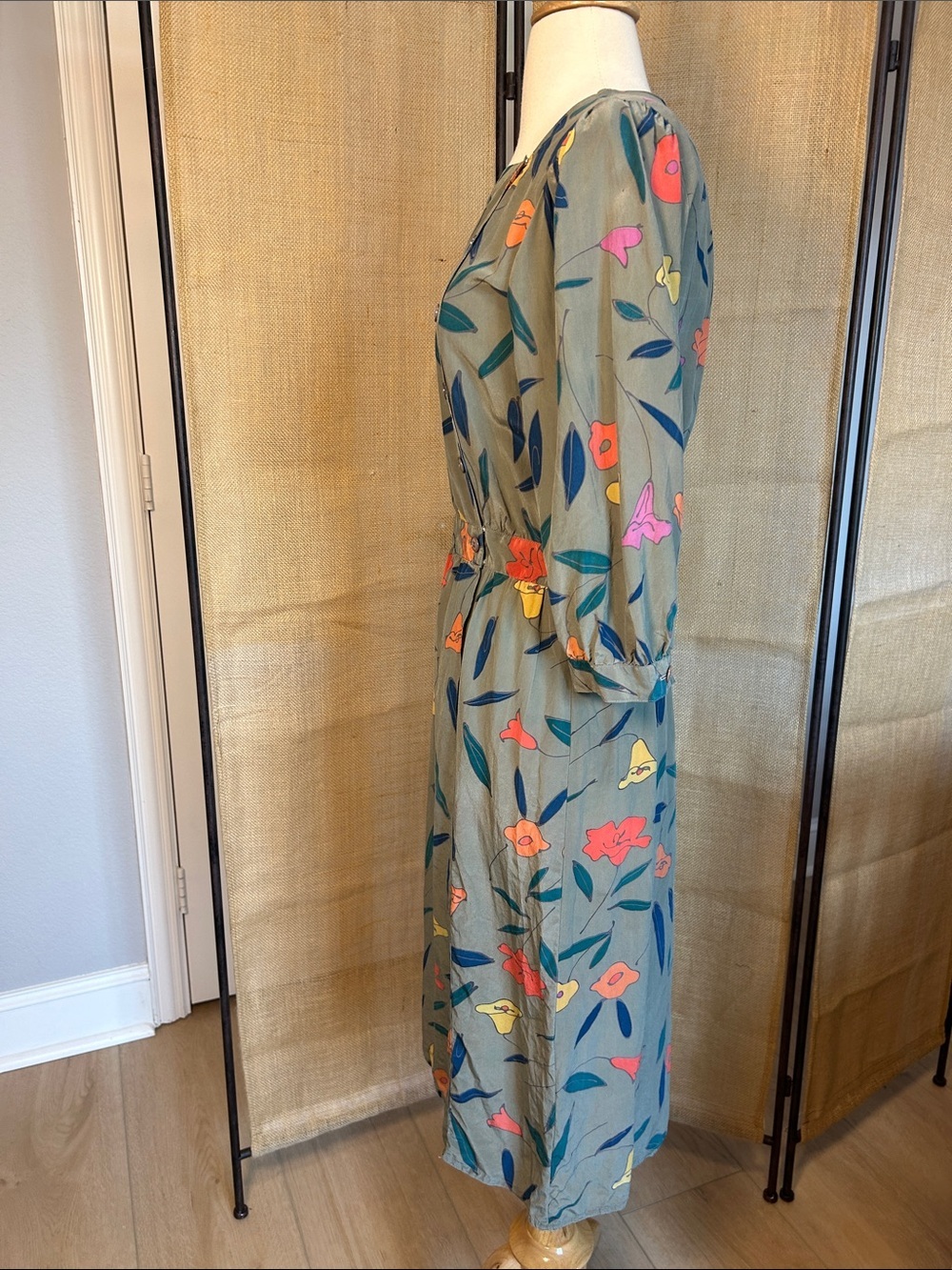 Vintage 1980s Maggy London 100% silk dress fall Floral Print Green size 10 - Picture 4 of 16